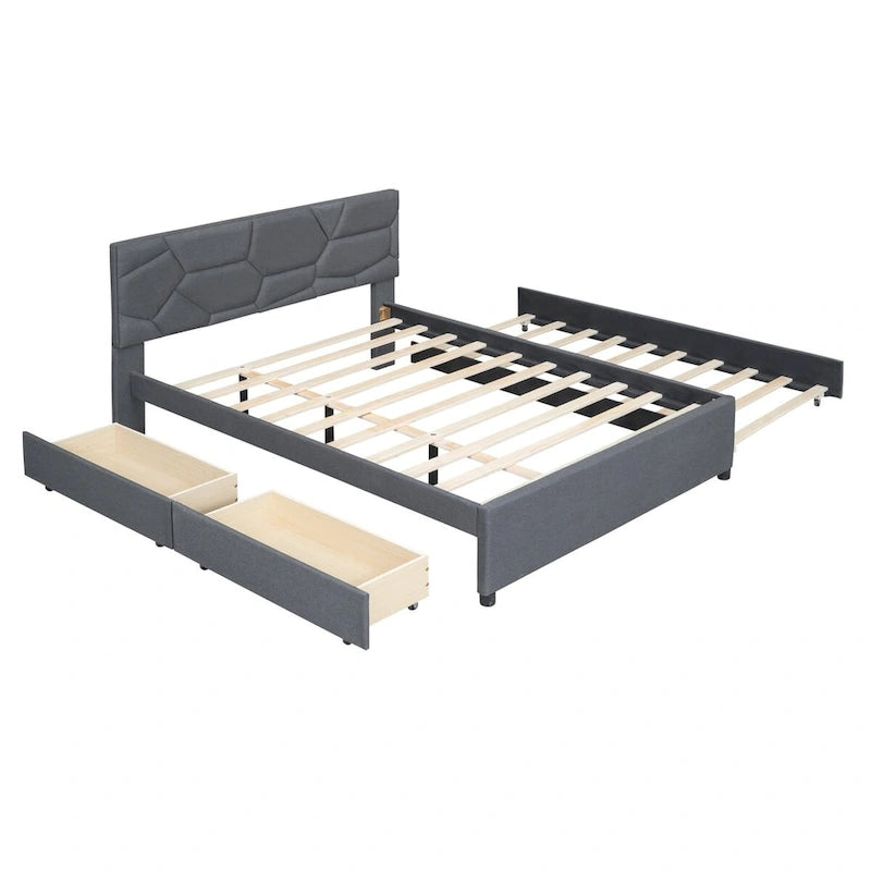 Cama Queen de plataforma de lino beige/gris con cama nido y 2 cajones, montaje para 2 personas