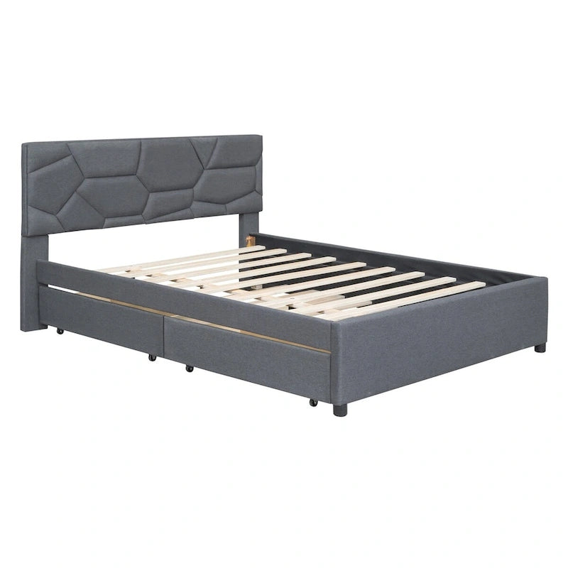 Cama Queen de plataforma de lino beige/gris con cama nido y 2 cajones, montaje para 2 personas