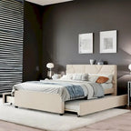 Cama Queen de plataforma de lino beige/gris con cama nido y 2 cajones, montaje para 2 personas
