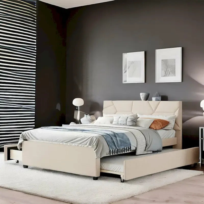 Cama Queen de plataforma de lino beige/gris con cama nido y 2 cajones, montaje para 2 personas