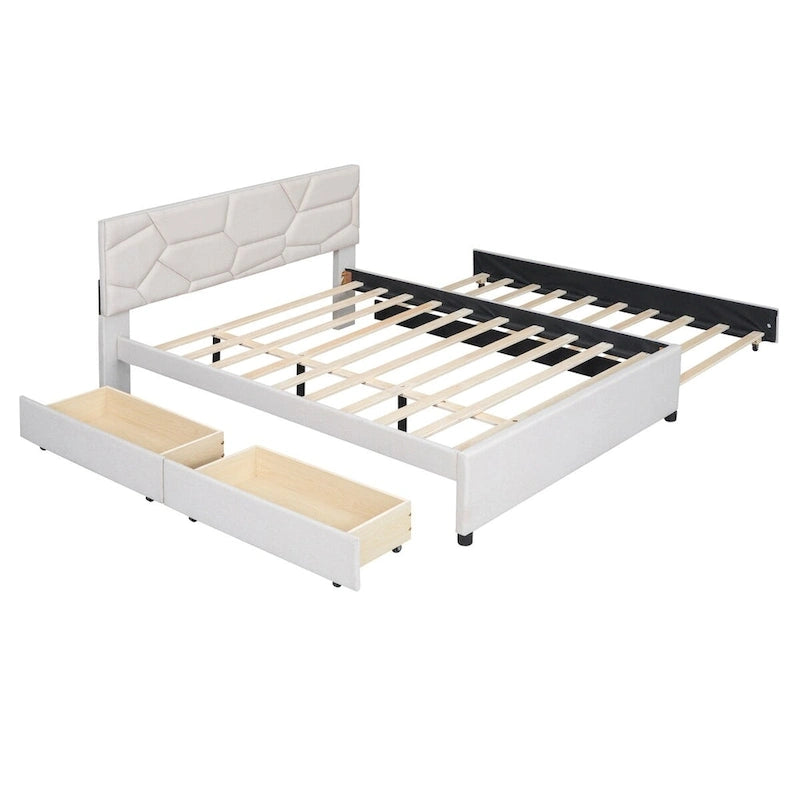 Cama Queen de plataforma de lino beige/gris con cama nido y 2 cajones, montaje para 2 personas