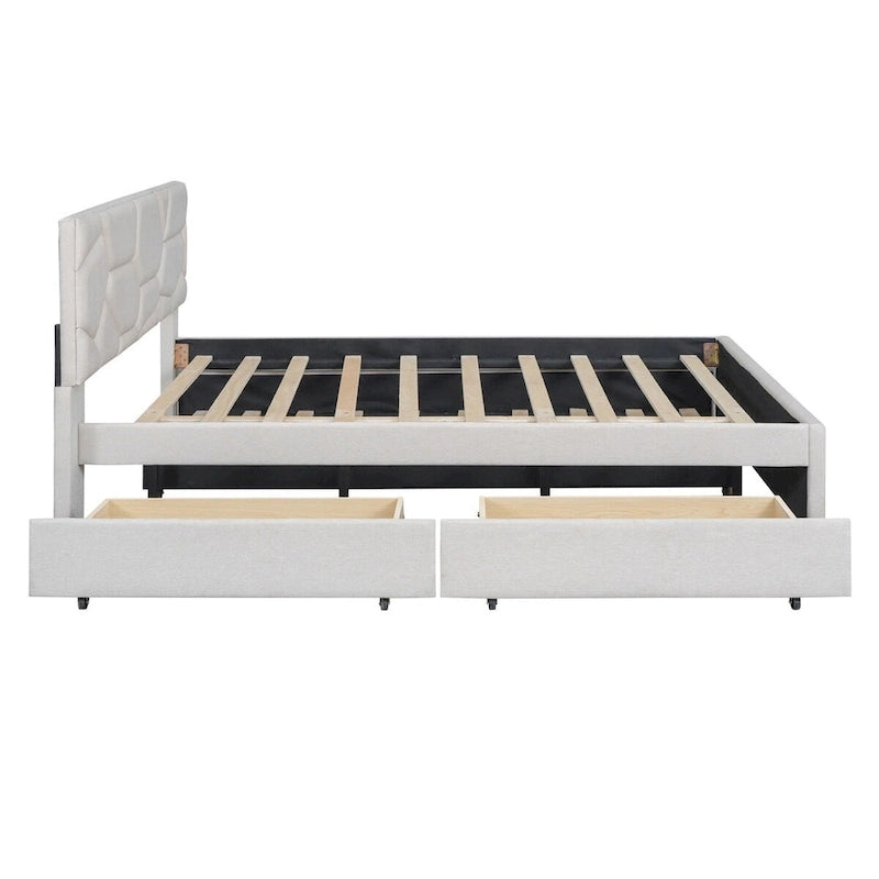 Cama Queen de plataforma de lino beige/gris con cama nido y 2 cajones, montaje para 2 personas