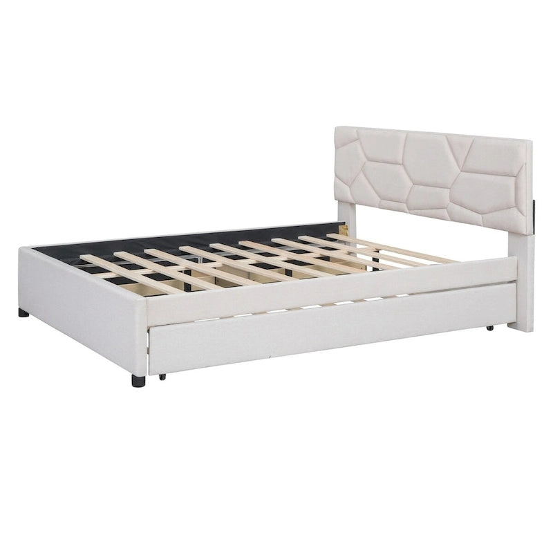Cama Queen de plataforma de lino beige/gris con cama nido y 2 cajones, montaje para 2 personas