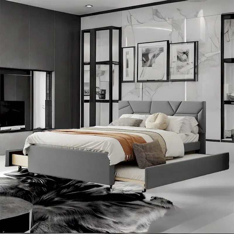 Cama Queen de plataforma de lino beige/gris con cama nido y 2 cajones, montaje para 2 personas