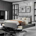 Cama Queen de plataforma de lino beige/gris con cama nido y 2 cajones, montaje para 2 personas