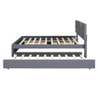 Cama Queen de plataforma de lino beige/gris con cama nido y 2 cajones, montaje para 2 personas
