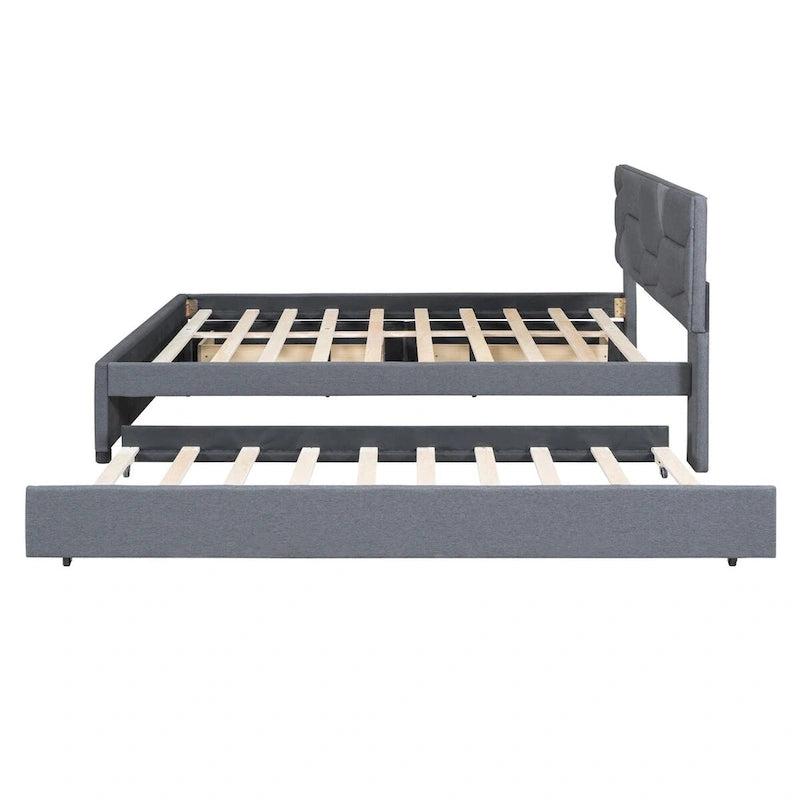 Cama Queen de plataforma de lino beige/gris con cama nido y 2 cajones, montaje para 2 personas