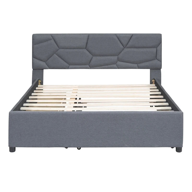 Cama Queen de plataforma de lino beige/gris con cama nido y 2 cajones, montaje para 2 personas