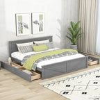 Cama Plataforma de Madera con Cabecero, Tamaño King, 2 Personas, Gris/Blanco, 4 Cajones de Almacenamiento