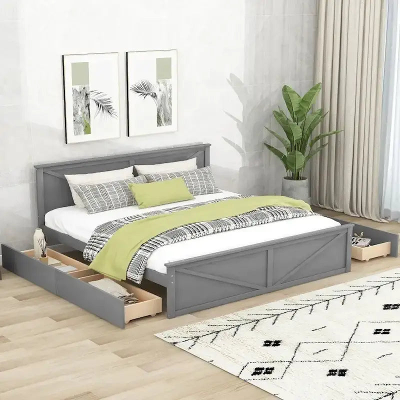 Cama Plataforma de Madera con Cabecero, Tamaño King, 2 Personas, Gris/Blanco, 4 Cajones de Almacenamiento