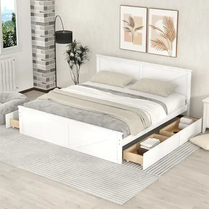 Cama Plataforma de Madera con Cabecero, Tamaño King, 2 Personas, Gris/Blanco, 4 Cajones de Almacenamiento