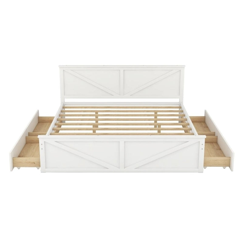 Cama Plataforma de Madera con Cabecero, Tamaño King, 2 Personas, Gris/Blanco, 4 Cajones de Almacenamiento