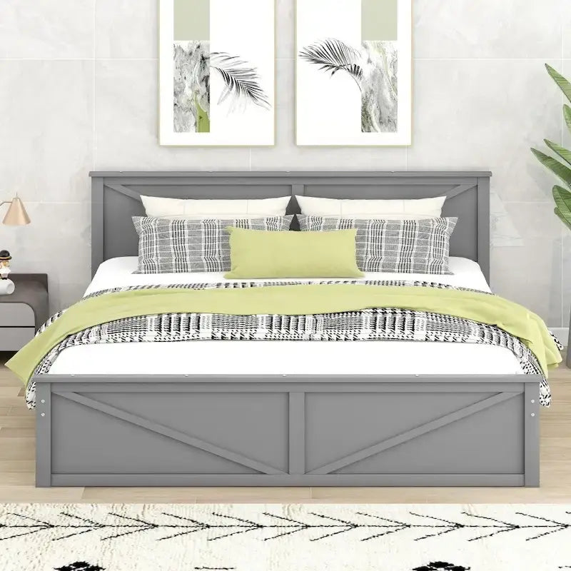 Cama Plataforma de Madera con Cabecero, Tamaño King, 2 Personas, Gris/Blanco, 4 Cajones de Almacenamiento