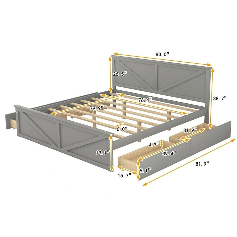 Cama Plataforma de Madera con Cabecero, Tamaño King, 2 Personas, Gris/Blanco, 4 Cajones de Almacenamiento