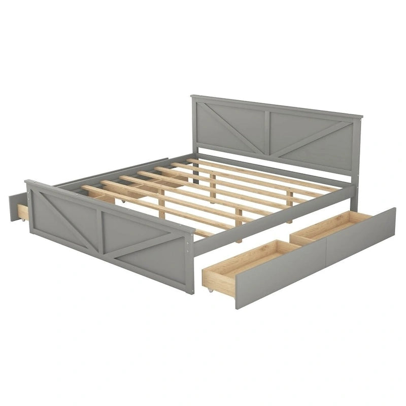 Cama Plataforma de Madera con Cabecero, Tamaño King, 2 Personas, Gris/Blanco, 4 Cajones de Almacenamiento