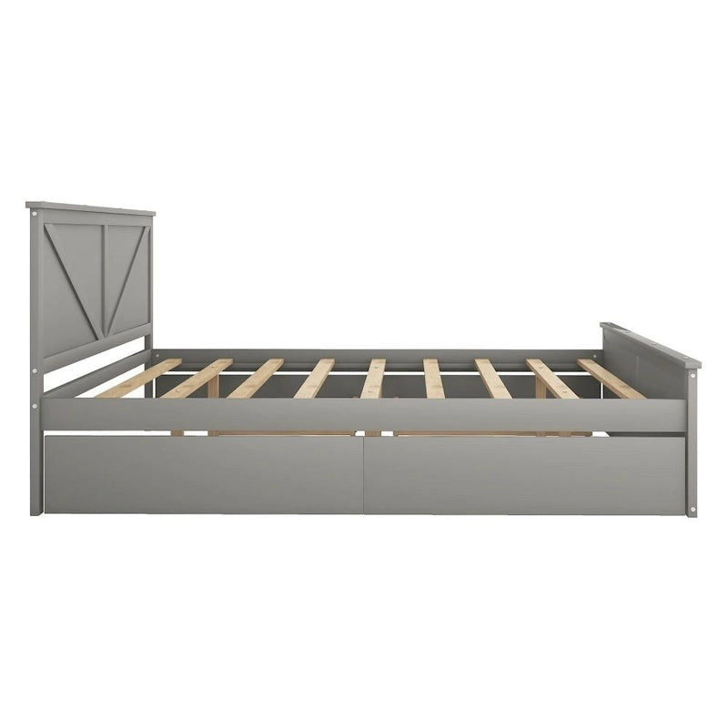 Cama Plataforma de Madera con Cabecero, Tamaño King, 2 Personas, Gris/Blanco, 4 Cajones de Almacenamiento