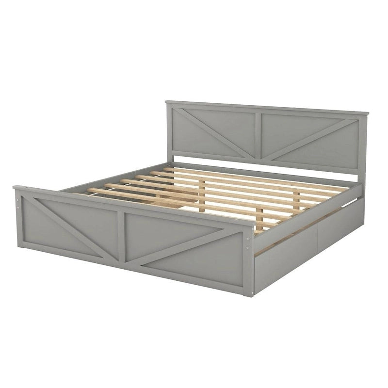 Cama Plataforma de Madera con Cabecero, Tamaño King, 2 Personas, Gris/Blanco, 4 Cajones de Almacenamiento