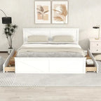 Cama Plataforma de Madera con Cabecero, Tamaño King, 2 Personas, Gris/Blanco, 4 Cajones de Almacenamiento