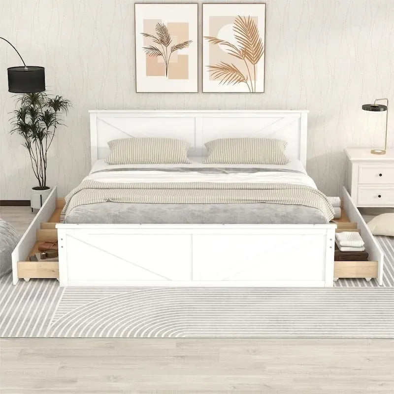 Cama Plataforma de Madera con Cabecero, Tamaño King, 2 Personas, Gris/Blanco, 4 Cajones de Almacenamiento