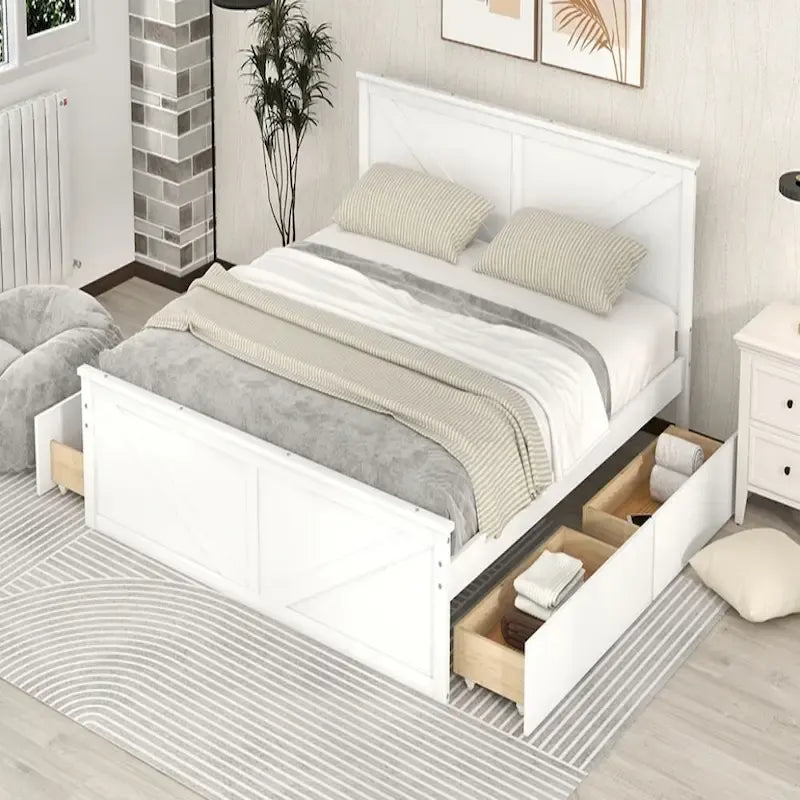 Cama Plataforma de Madera con Cabecero, Tamaño King, 2 Personas, Gris/Blanco, 4 Cajones de Almacenamiento