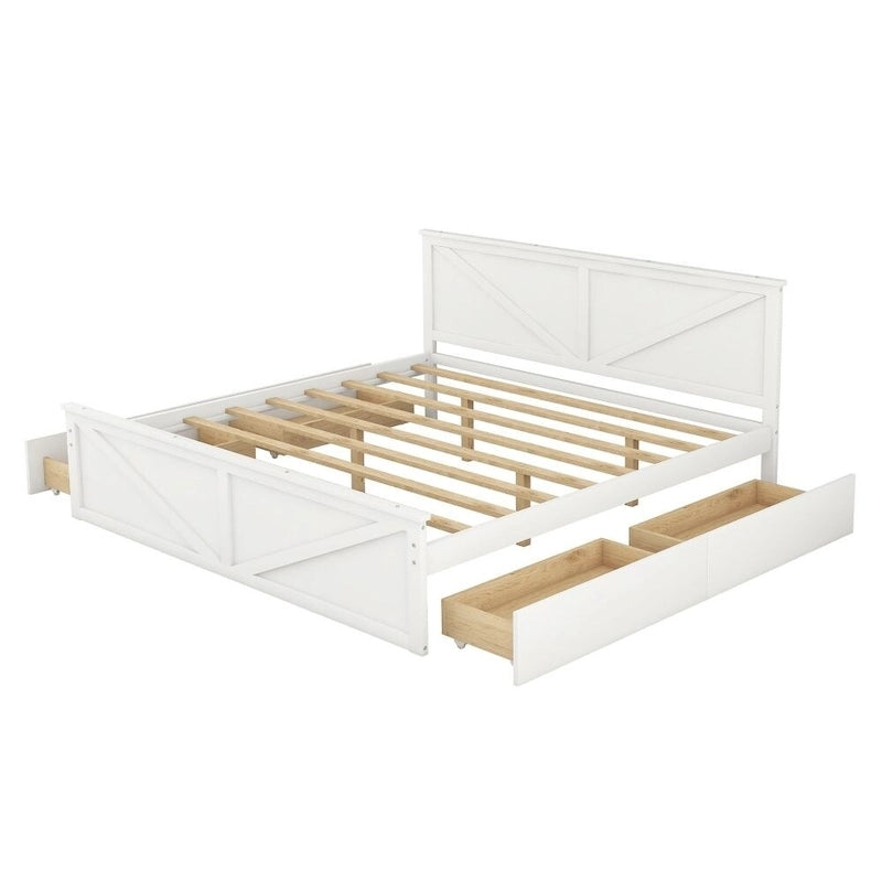 Cama Plataforma de Madera con Cabecero, Tamaño King, 2 Personas, Gris/Blanco, 4 Cajones de Almacenamiento