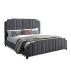 Cama King Size de Chenilla Gris, con Capitón de Canales, para 2 Personas