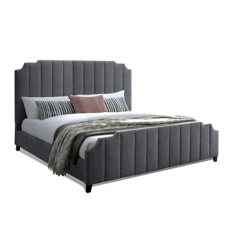 Cama King Size de Chenilla Gris, con Capitón de Canales, para 2 Personas