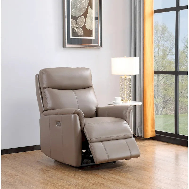 Sillón reclinable de piel de grano superior con reposacabezas eléctrico y gravedad cero – Topo / Azul marino / Blanco vainilla, un asiento
