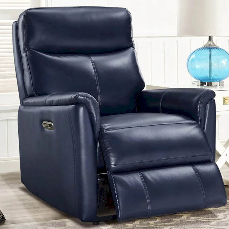 Sillón reclinable de piel de grano superior con reposacabezas eléctrico y gravedad cero – Topo / Azul marino / Blanco vainilla, un asiento