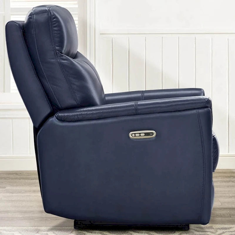 Sillón reclinable de piel de grano superior con reposacabezas eléctrico y gravedad cero – Topo / Azul marino / Blanco vainilla, un asiento
