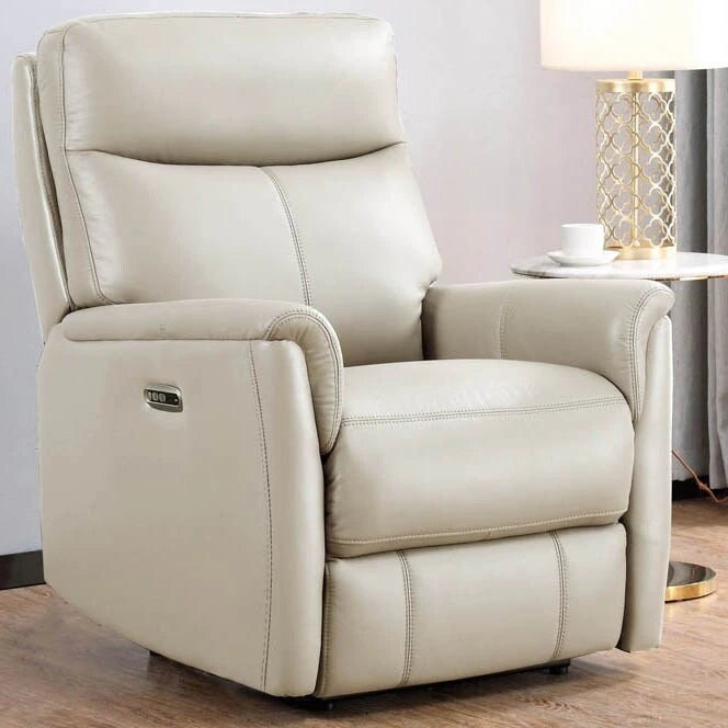 Sillón reclinable de piel de grano superior con reposacabezas eléctrico y gravedad cero – Topo / Azul marino / Blanco vainilla, un asiento
