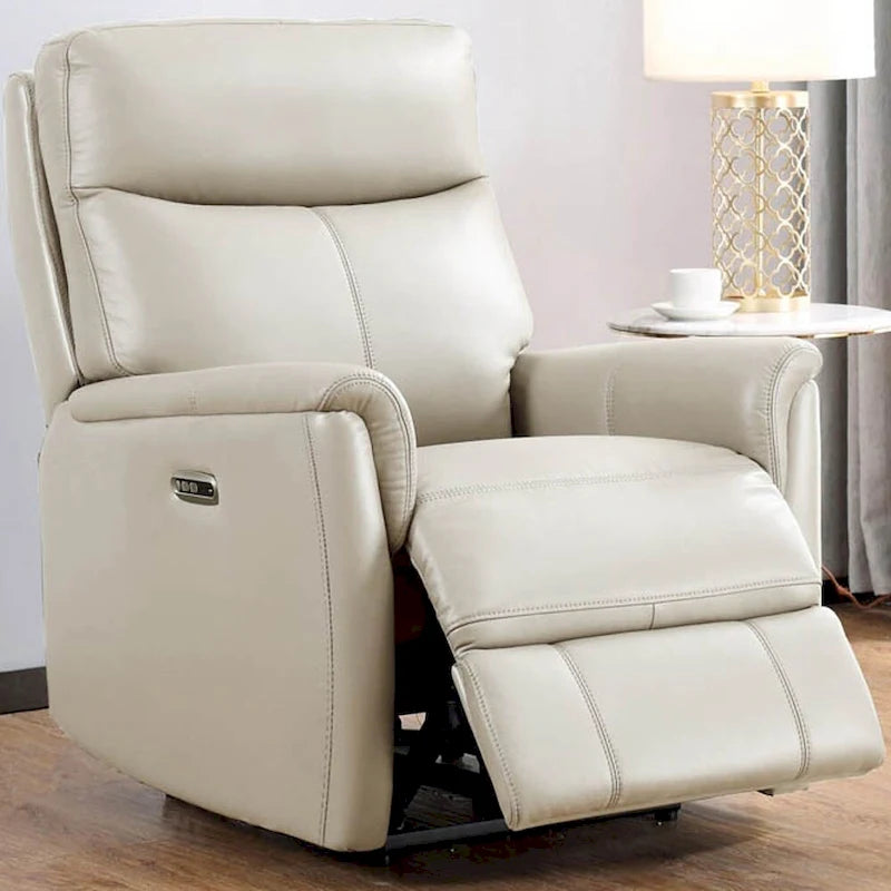 Sillón reclinable de piel de grano superior con reposacabezas eléctrico y gravedad cero – Topo / Azul marino / Blanco vainilla, un asiento