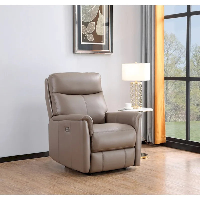 Sillón reclinable de piel de grano superior con reposacabezas eléctrico y gravedad cero – Topo / Azul marino / Blanco vainilla, un asiento