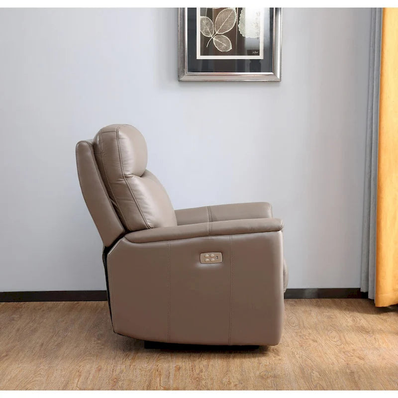 Sillón reclinable de piel de grano superior con reposacabezas eléctrico y gravedad cero – Topo / Azul marino / Blanco vainilla, un asiento