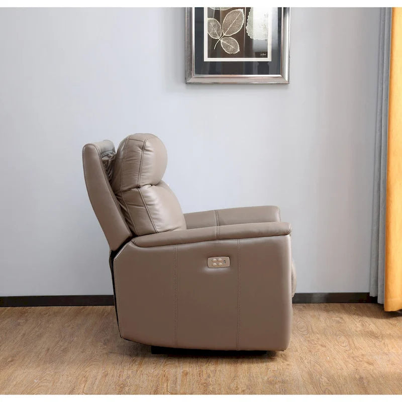Sillón reclinable de piel de grano superior con reposacabezas eléctrico y gravedad cero – Topo / Azul marino / Blanco vainilla, un asiento