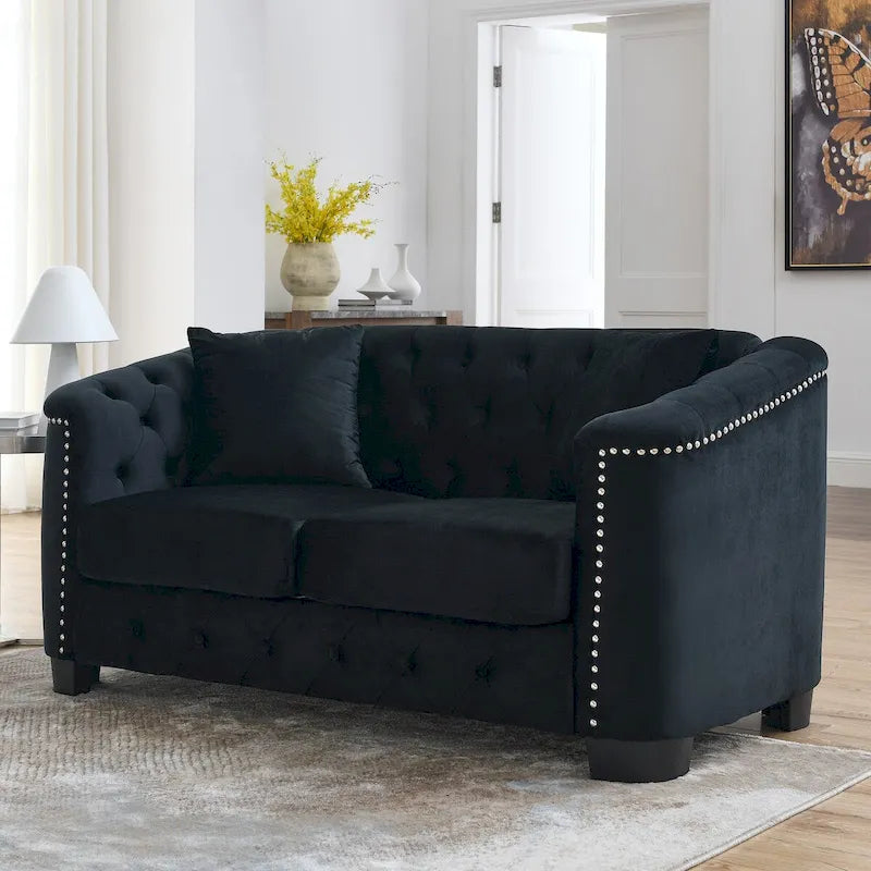 Sofá de 2 plazas de terciopelo negro/gris, respaldo capitoné, brazos con tachuelas, 2 cojines