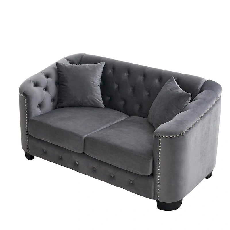 Sofá de 2 plazas de terciopelo negro/gris, respaldo capitoné, brazos con tachuelas, 2 cojines
