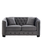 Sofá de 2 plazas de terciopelo negro/gris, respaldo capitoné, brazos con tachuelas, 2 cojines