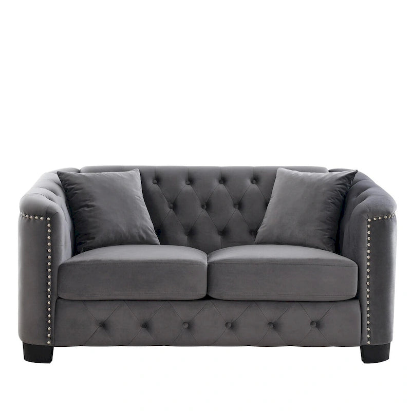 Sofá de 2 plazas de terciopelo negro/gris, respaldo capitoné, brazos con tachuelas, 2 cojines