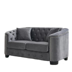 Sofá de 2 plazas de terciopelo negro/gris, respaldo capitoné, brazos con tachuelas, 2 cojines
