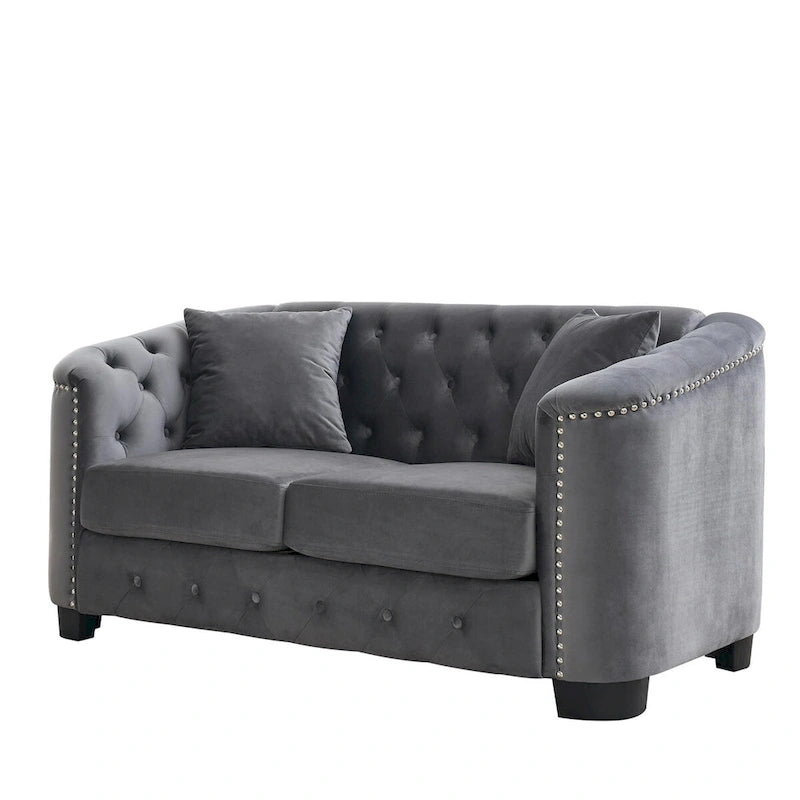 Sofá de 2 plazas de terciopelo negro/gris, respaldo capitoné, brazos con tachuelas, 2 cojines
