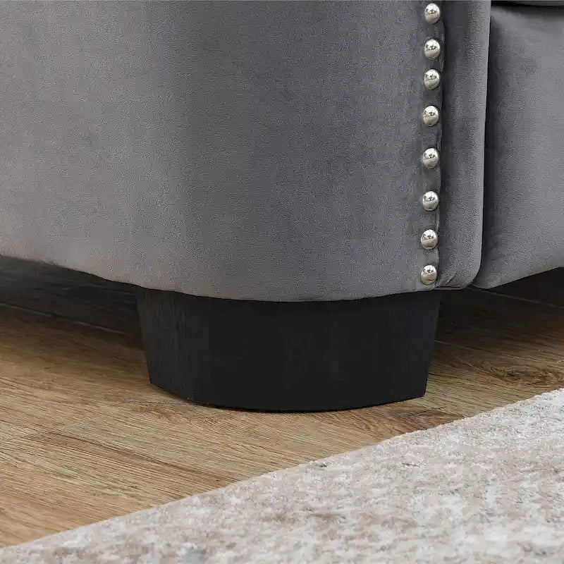 Sofá de 2 plazas de terciopelo negro/gris, respaldo capitoné, brazos con tachuelas, 2 cojines