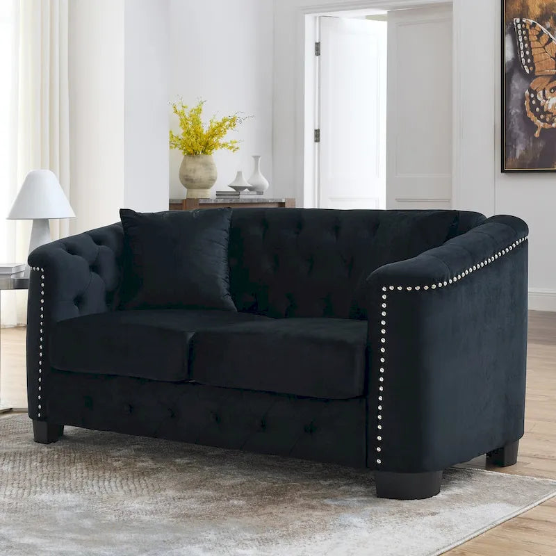 Sofá de 2 plazas de terciopelo negro/gris, respaldo capitoné, brazos con tachuelas, 2 cojines