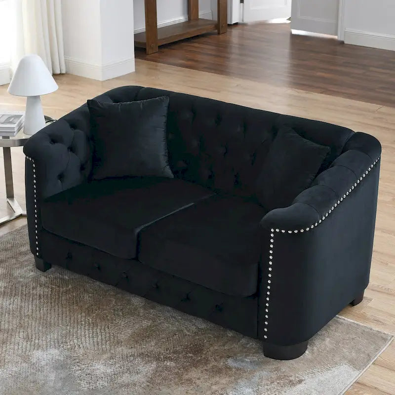 Sofá de 2 plazas de terciopelo negro/gris, respaldo capitoné, brazos con tachuelas, 2 cojines