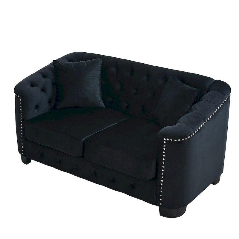 Sofá de 2 plazas de terciopelo negro/gris, respaldo capitoné, brazos con tachuelas, 2 cojines