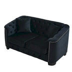 Sofá de 2 plazas de terciopelo negro/gris, respaldo capitoné, brazos con tachuelas, 2 cojines