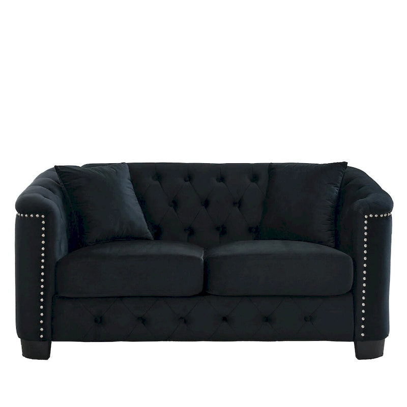Sofá de 2 plazas de terciopelo negro/gris, respaldo capitoné, brazos con tachuelas, 2 cojines