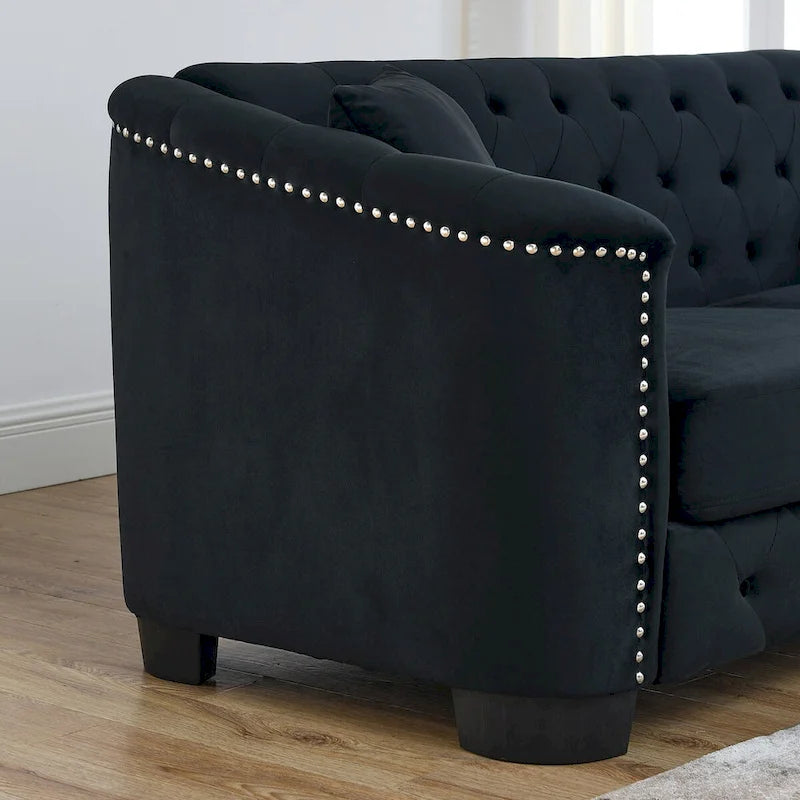 Sofá de 2 plazas de terciopelo negro/gris, respaldo capitoné, brazos con tachuelas, 2 cojines