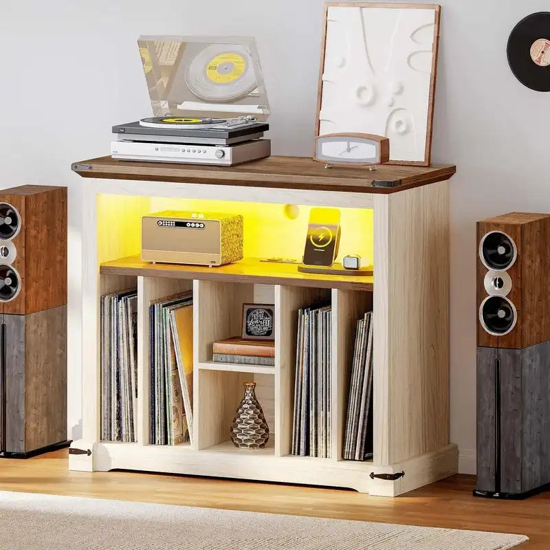 Tocadiscos de MDF de Nogal con LED RGB y Carga – 39.9 cm Prof. × 80 cm An. × 72.9 cm Al.