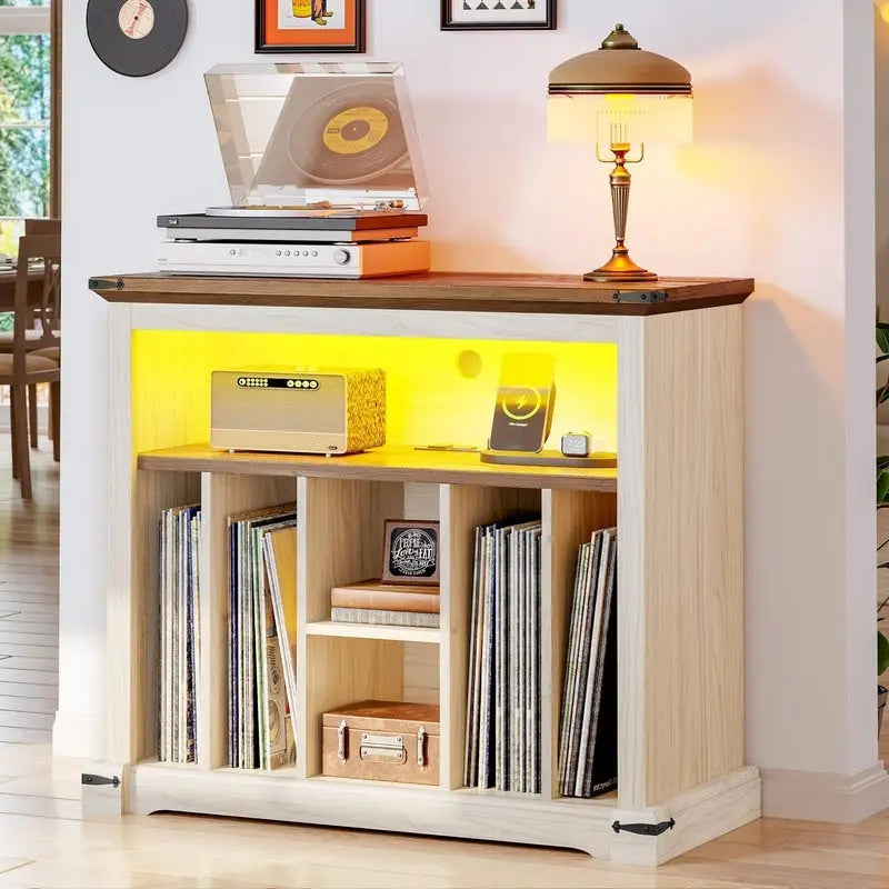 Tocadiscos de MDF de Nogal con LED RGB y Carga – 39.9 cm Prof. × 80 cm An. × 72.9 cm Al.